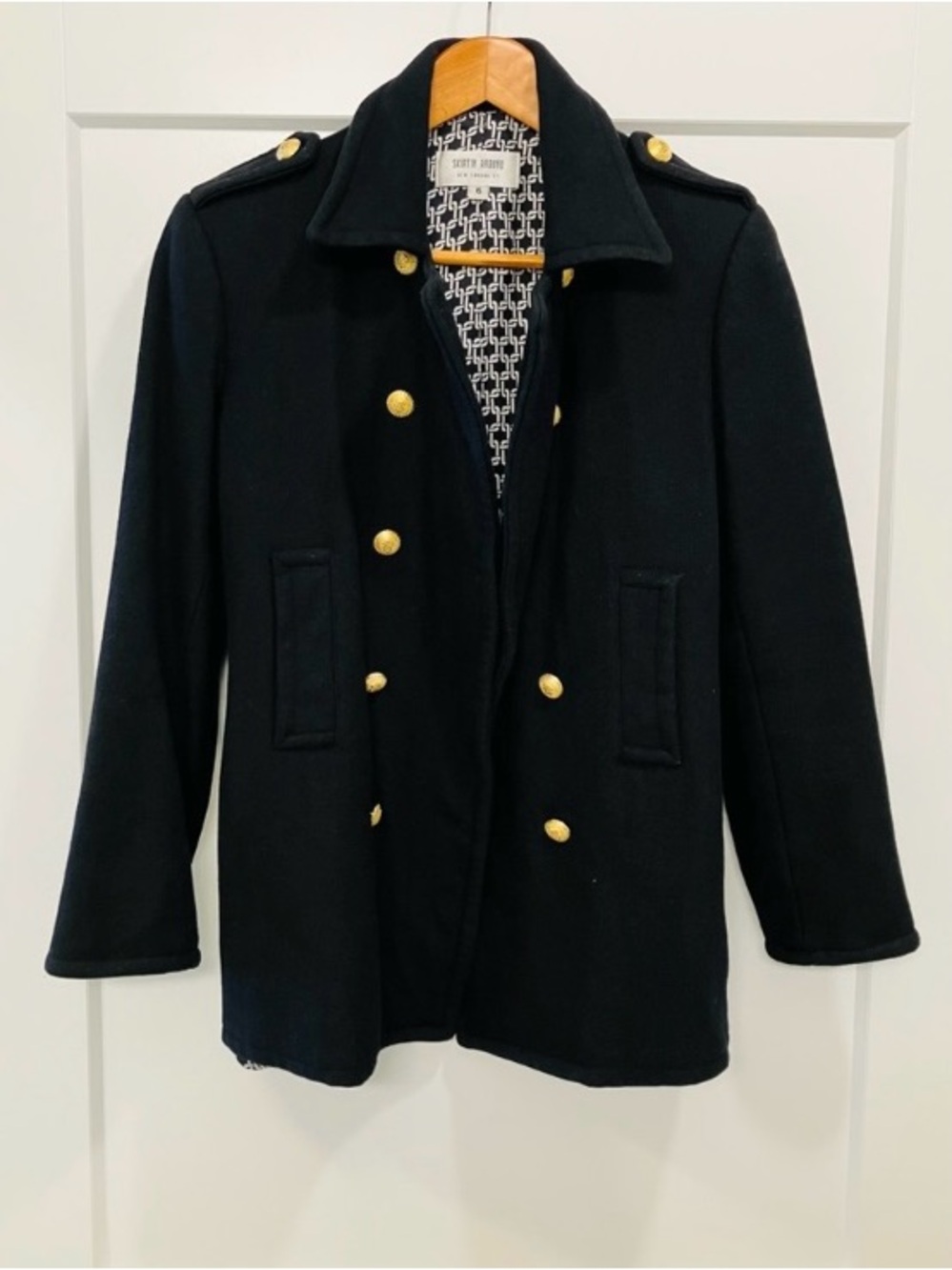 Skirtin Around Wool Peacoat 6 Double Breasted Gold Button Military Silk Black - Picture 4 of 8